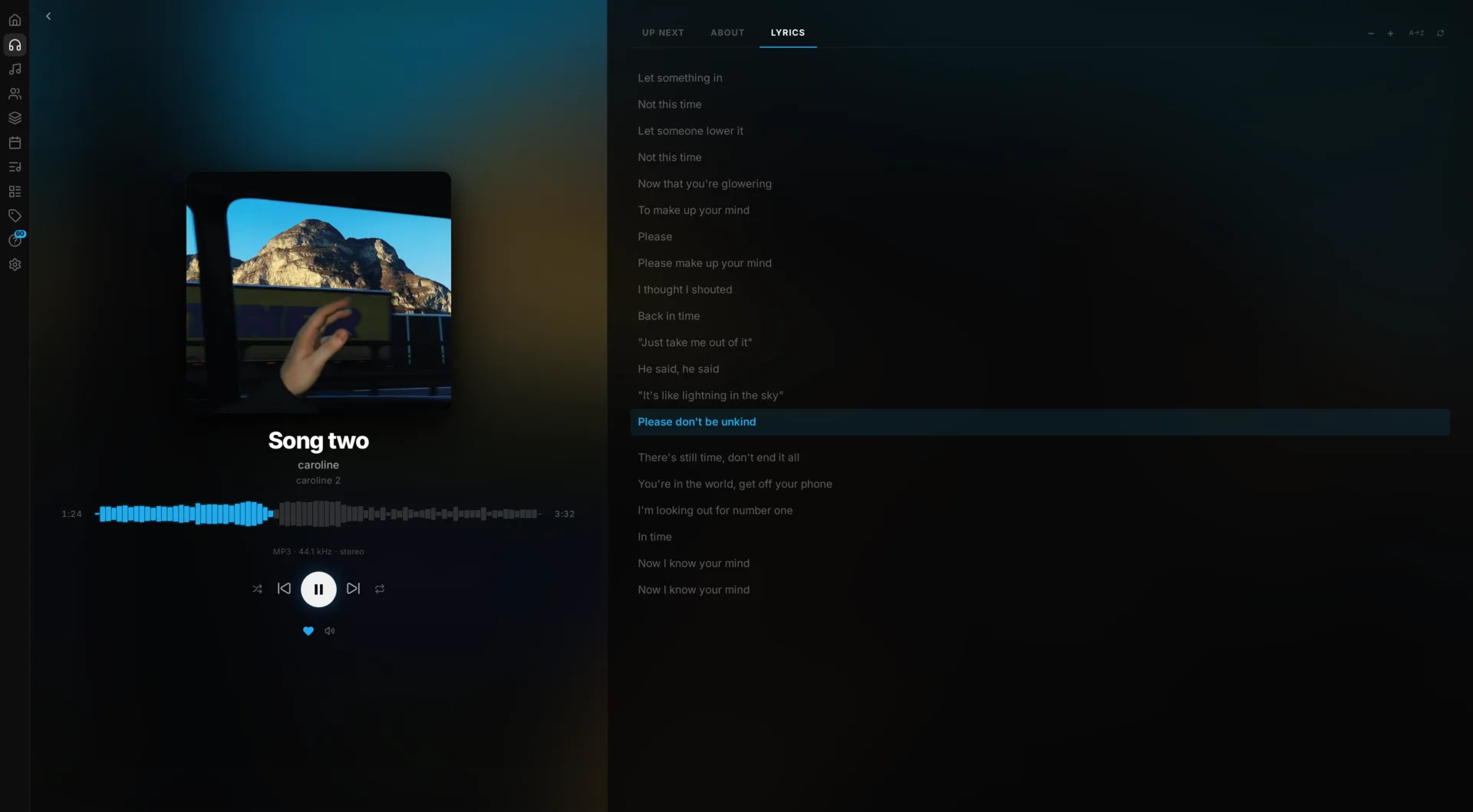 Canon's now playing view with waveform scrubber and synced lyrics